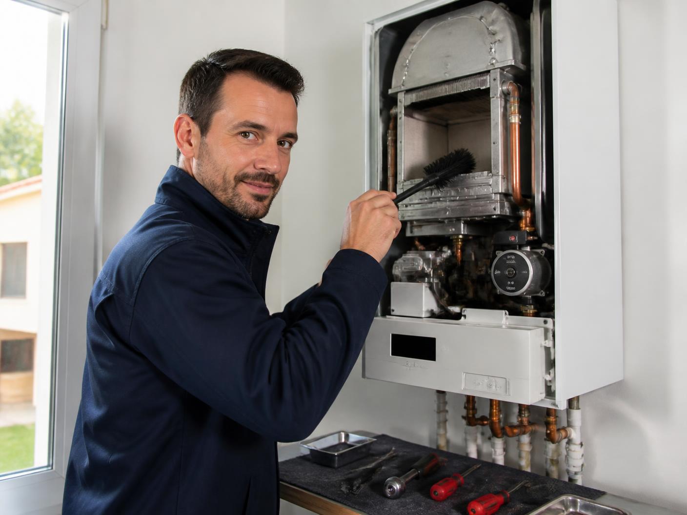 Chauffagiste réalisant l'entretien annuel d'une chaudière gaz